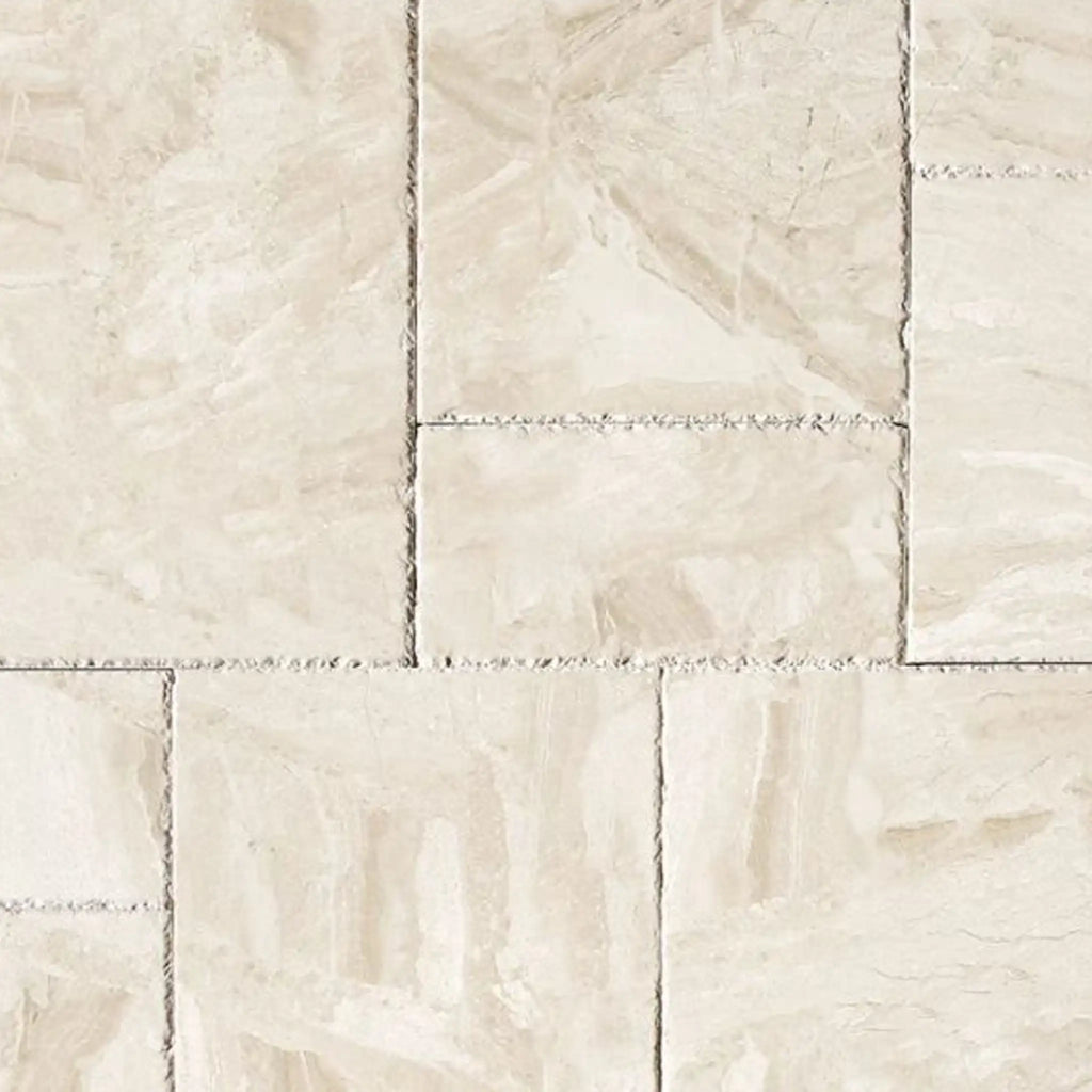 Diano Royal Queen Beige marble Versailles pattern tiles with veining and chiseled edges