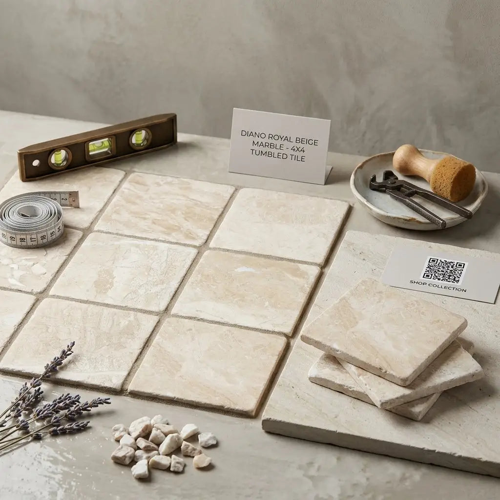 Diano royal queen beige marble 4x4 tumbled tile with natural textured surface and subtle veining in beige color