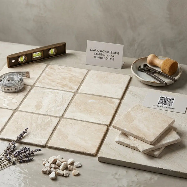 Diano royal queen beige marble 4x4 tumbled tile with natural textured surface and subtle veining in beige color