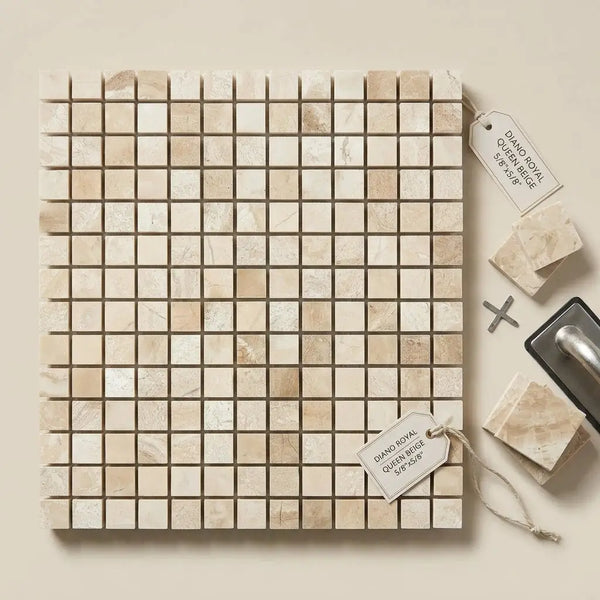 Beige diano royal queen beige marble mosaic tile panel with subtle veining and polished 5/8x5/8 square tiles in a grid