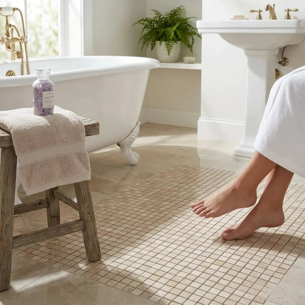 Diano Royal queen beige marble 5/8x5/8 polished mosaic tile bath mat with a subtle grid pattern