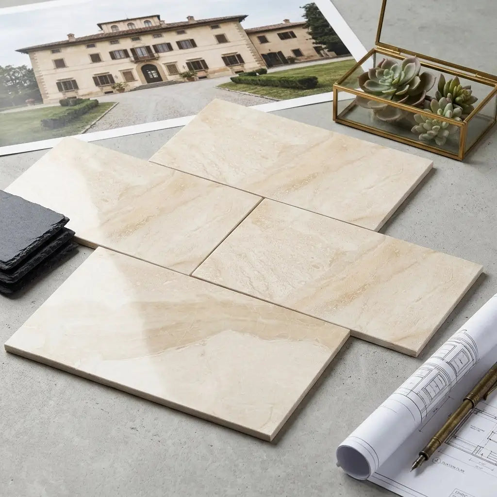 Beige diano royal queen marble 6x12 tile with subtle veining and glossy polished or honed finish