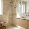 Gold-toned showerhead and handheld sprayer set with sleek modern design paired with diano royal queen beige marble tile