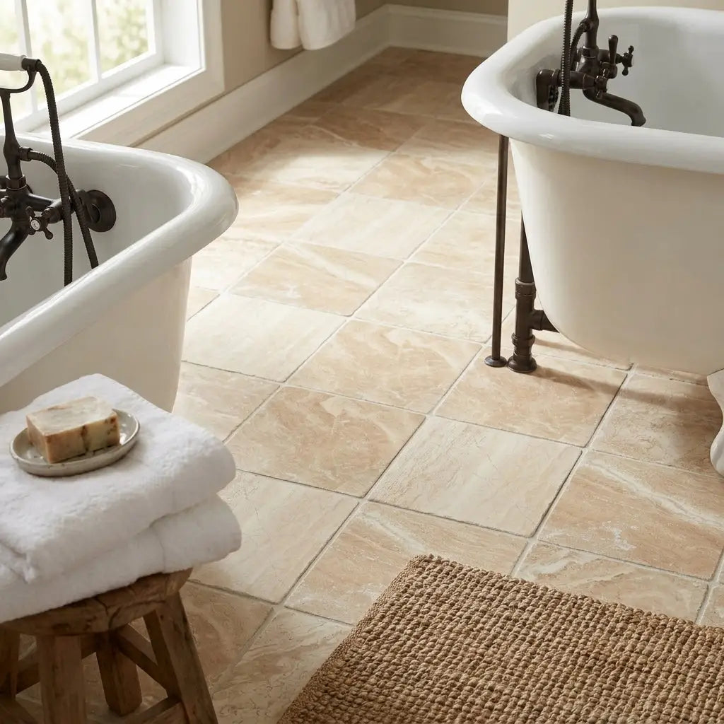 Beige marble effect diano royal queen beige 6x6 tumbled tile with subtle veining and matte finish for bathroom floors