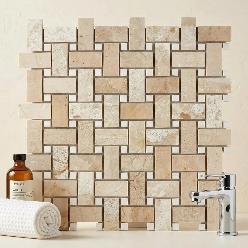 Beige marble basketweave mosaic tile with white dolomite polished finish from diano royal queen beige collection