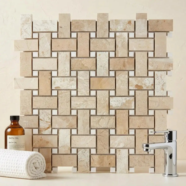 Beige marble basketweave mosaic tile with white dolomite polished finish from diano royal queen beige collection