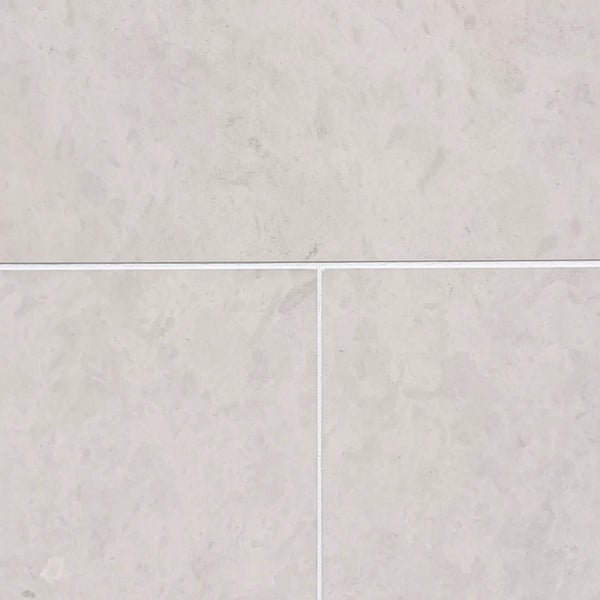 Dolce Crema 12x12 light gray marble-effect limestone tiles with white grout