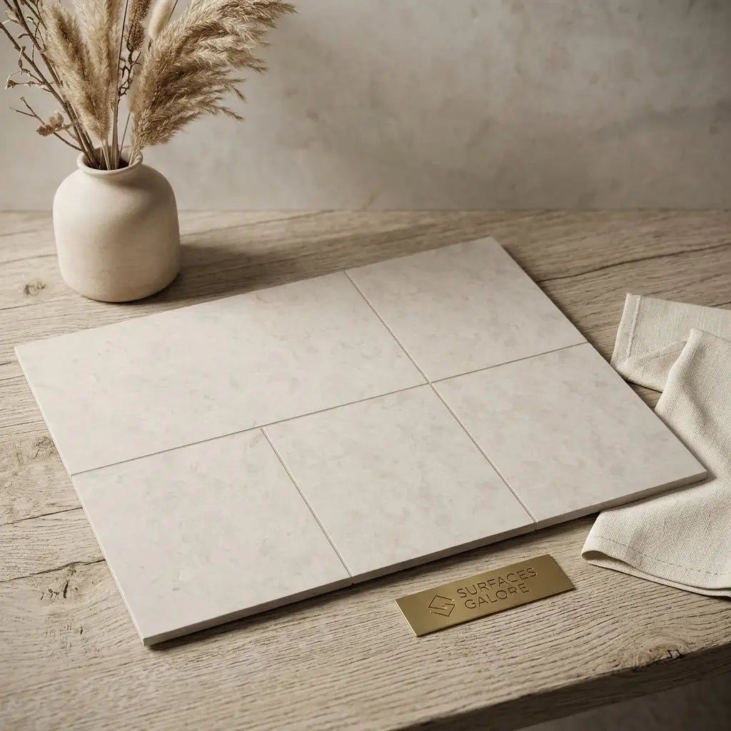 Beige marble-effect ceramic tile sample with subtle veining and matte finish from Dolce Crema 12x24 Limestone collection