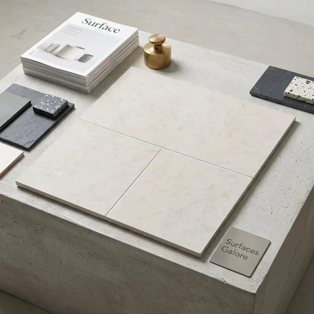 Cream-colored dolce crema 18x18 limestone marble tiles with subtle veining in a minimalist arrangement