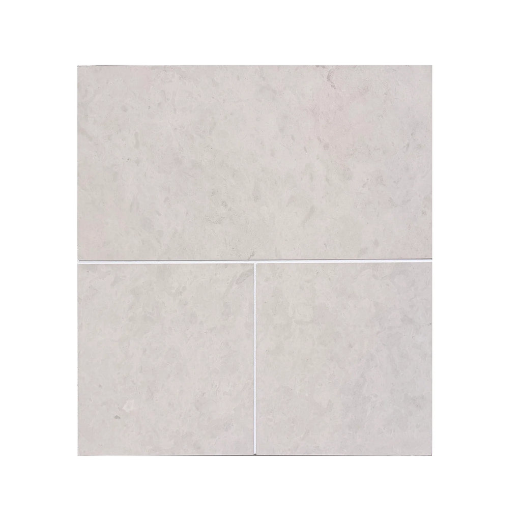 Dolce Crema 18x18 light gray marble-effect limestone tiles with subtle veining