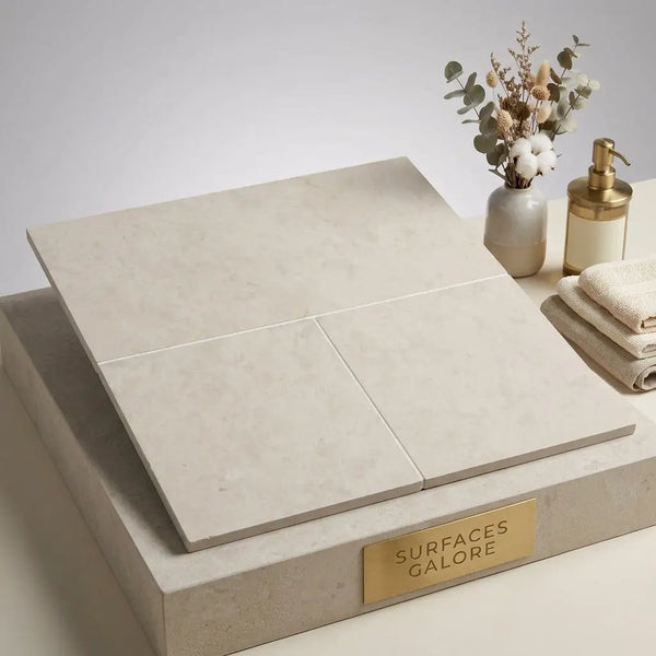 Beige dolce crema 18x36 limestone ceramic floor tiles with marble effect and matte finish displayed on a matching pedestal