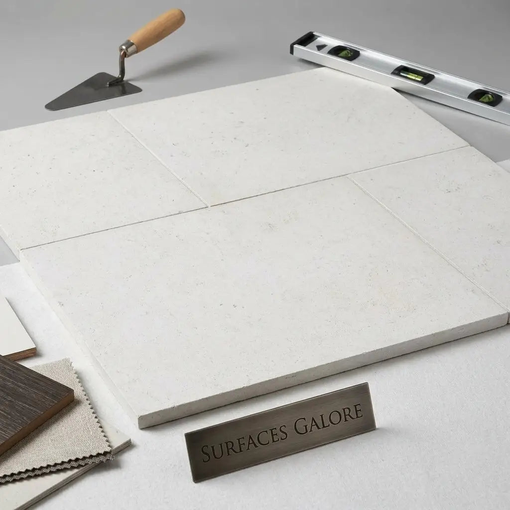 Dolce ivory 12x12 limestone white rectangular stone tiles with subtle speckled texture and smooth beveled edges