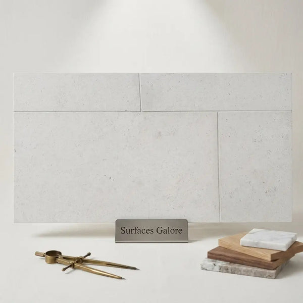 Dolce Ivory 12x24 limestone light gray textured rectangular tiles with subtle speckles in a modern minimalist layout