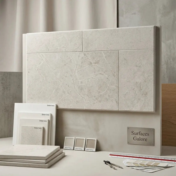 Dolce ivory 16x16 limestone tile panel in off-white marble with subtle gray veining and polished finish