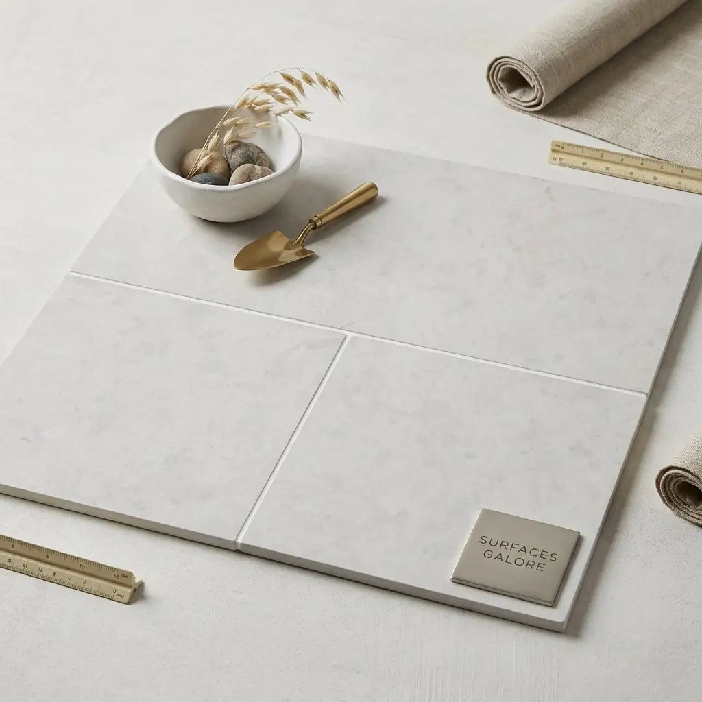 Dolce ivory 16x24 limestone tiles with white marble effect and subtle gray veining arranged in a grid pattern
