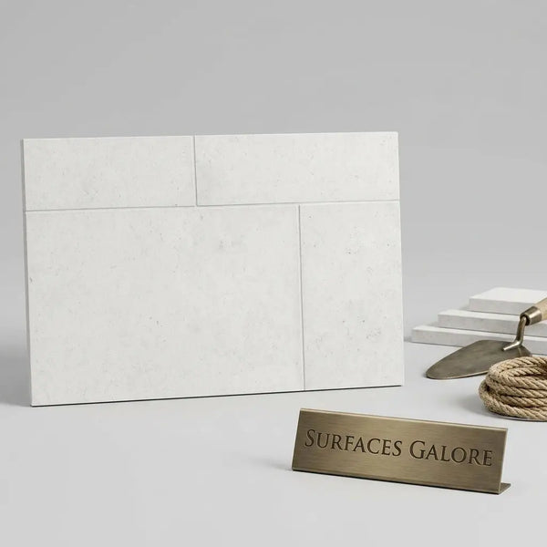 Dolce Ivory 18x36 limestone brushed white marble-effect tiles arranged in a modern minimalist layout