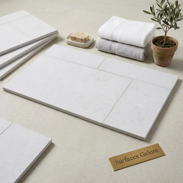 White rectangular dolce ivory 18x36 limestone tiles with subtle marble texture and clean modern edges