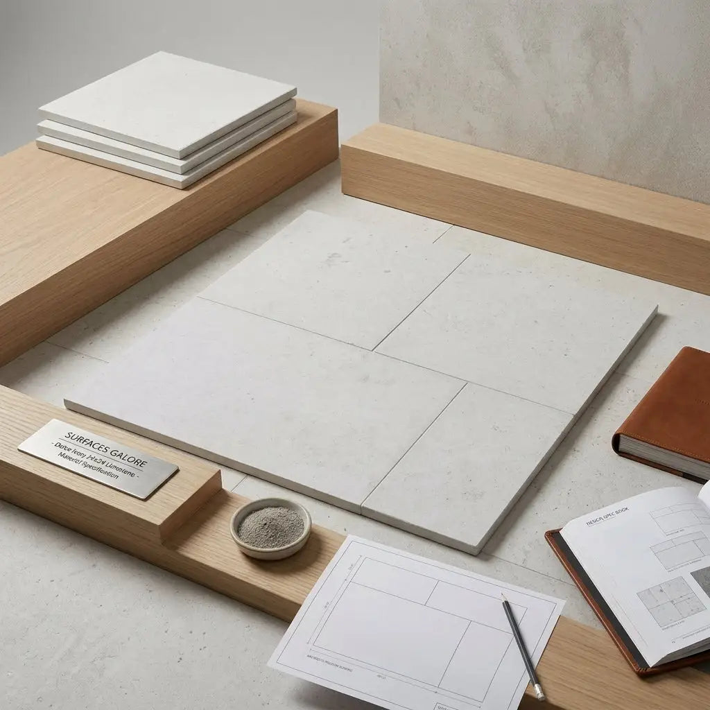 Dolce ivory 24x24 limestone tiles in white marble effect with subtle veining displayed on a wooden surface