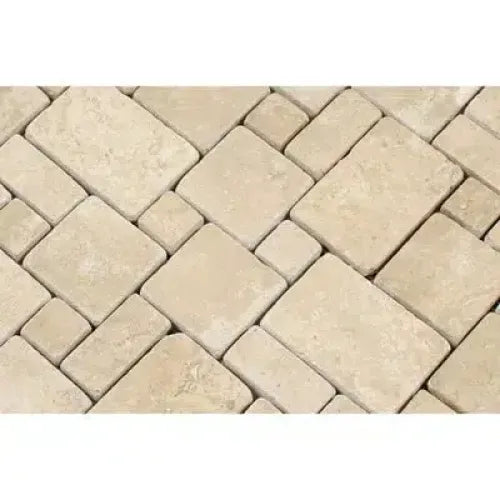 Interlocking beige paving stones in Durango Paredon Mini-Versailles Mosaic Travertine