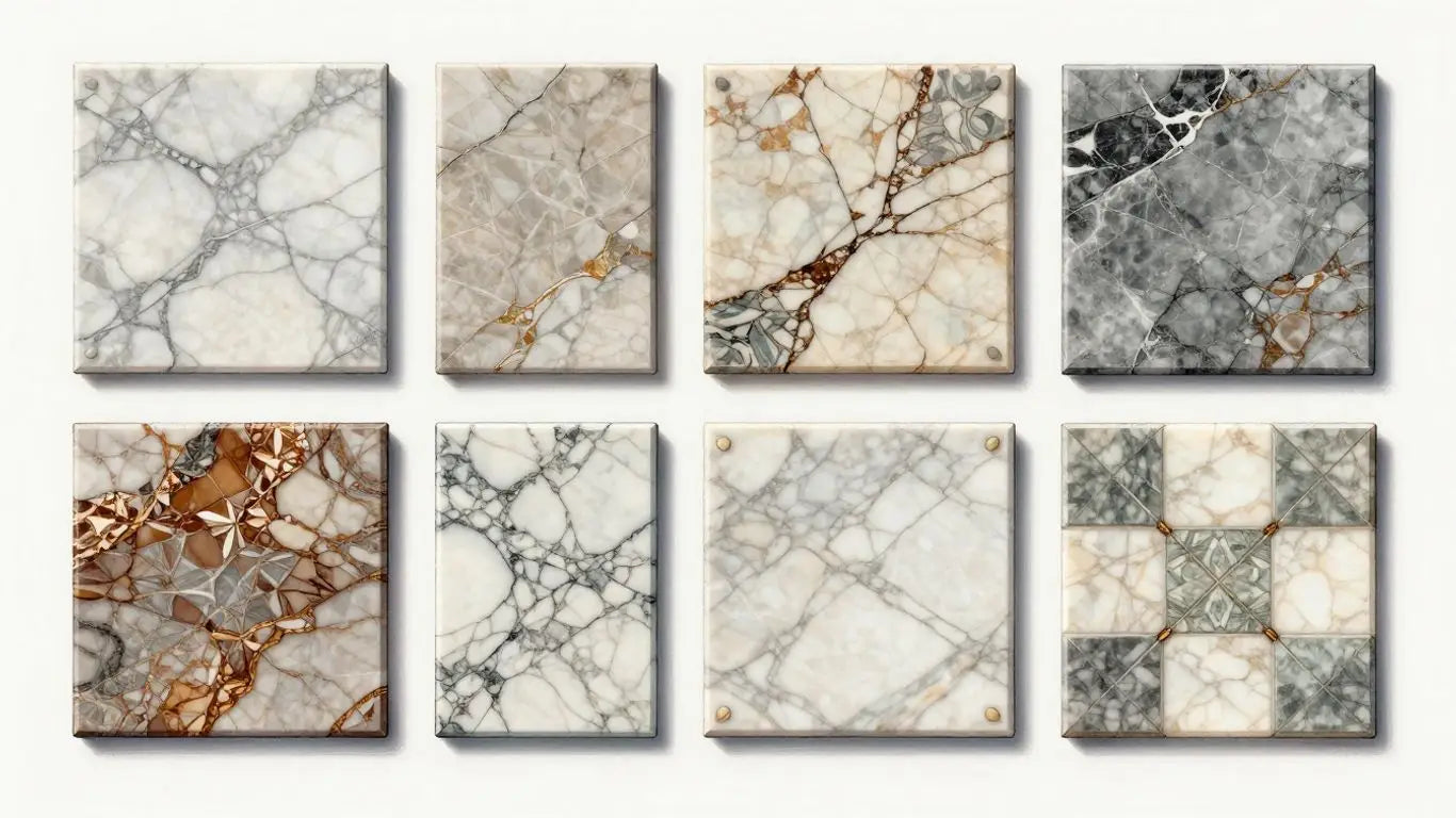 Custom marble tiles in various patterns and colors.