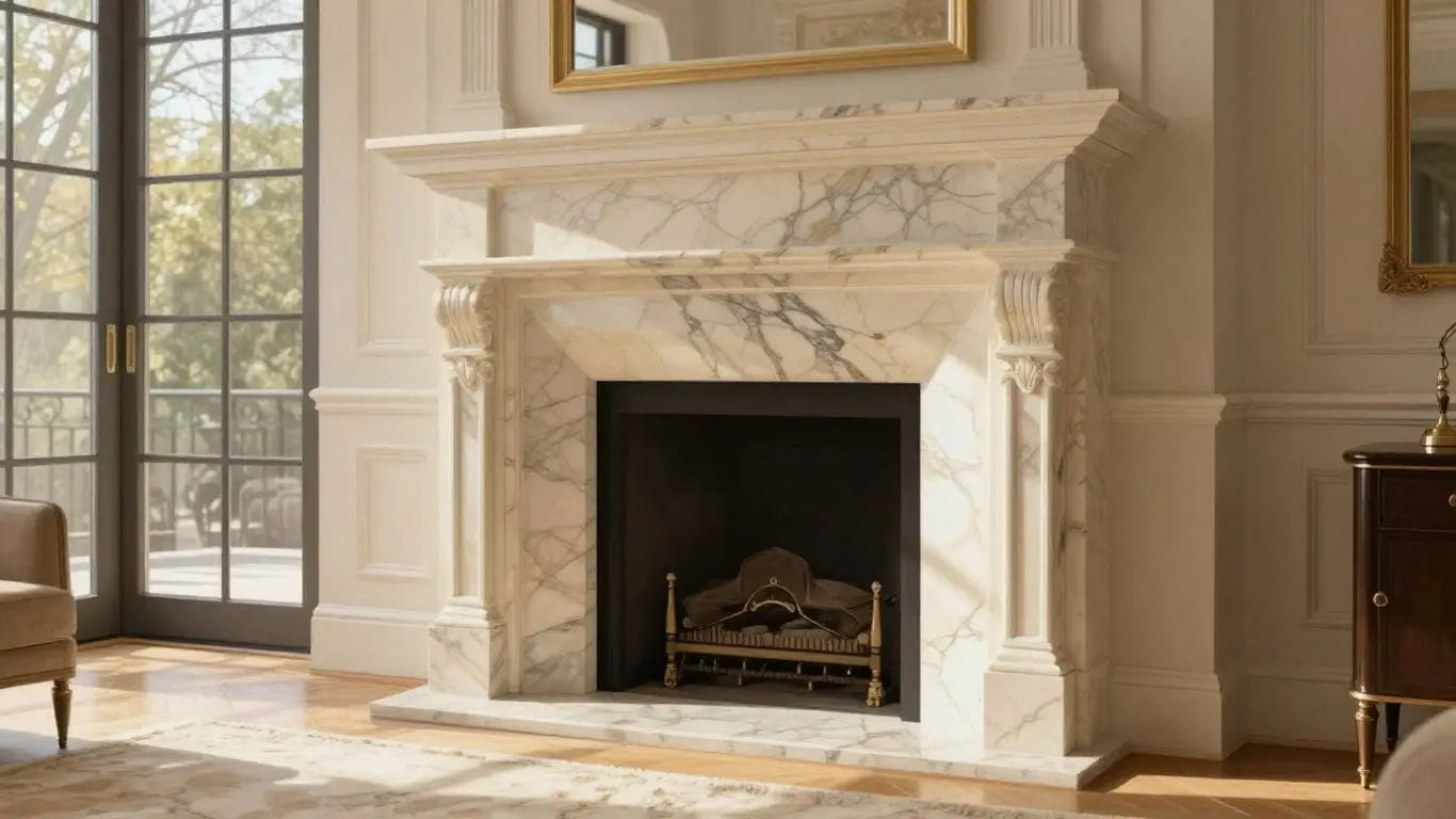 Beige marble fireplace hearth in a sunlit living room.