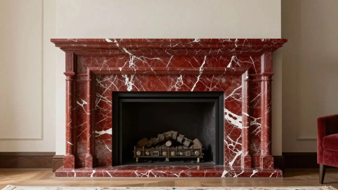 Rojo Alicante marble fireplace and accent wall