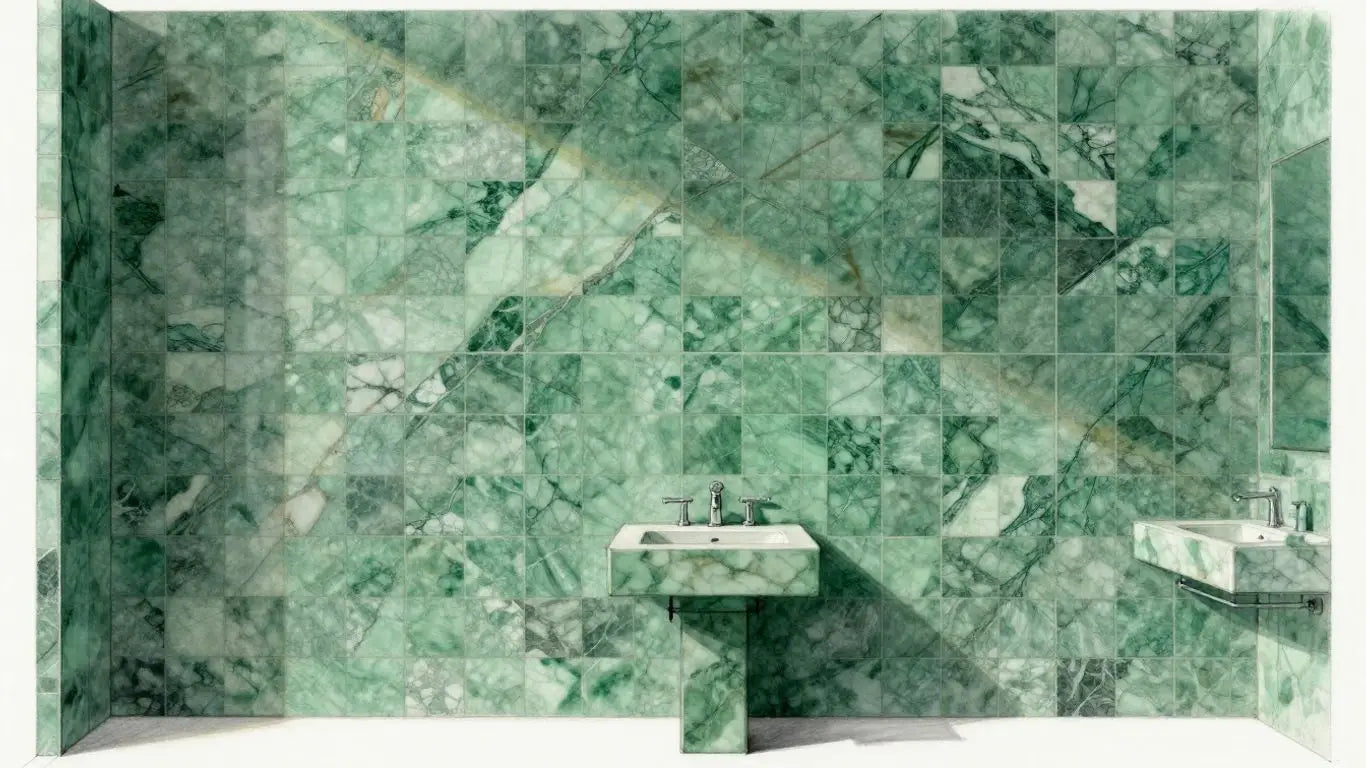 Ming green marble mosaic wall in a bathroom.