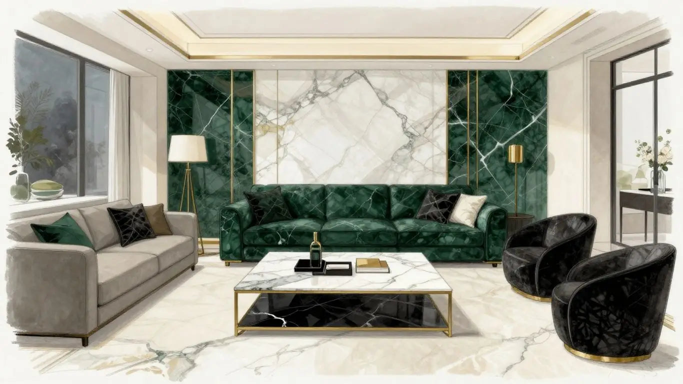 Trending marble colors in a luxurious interior sketch.