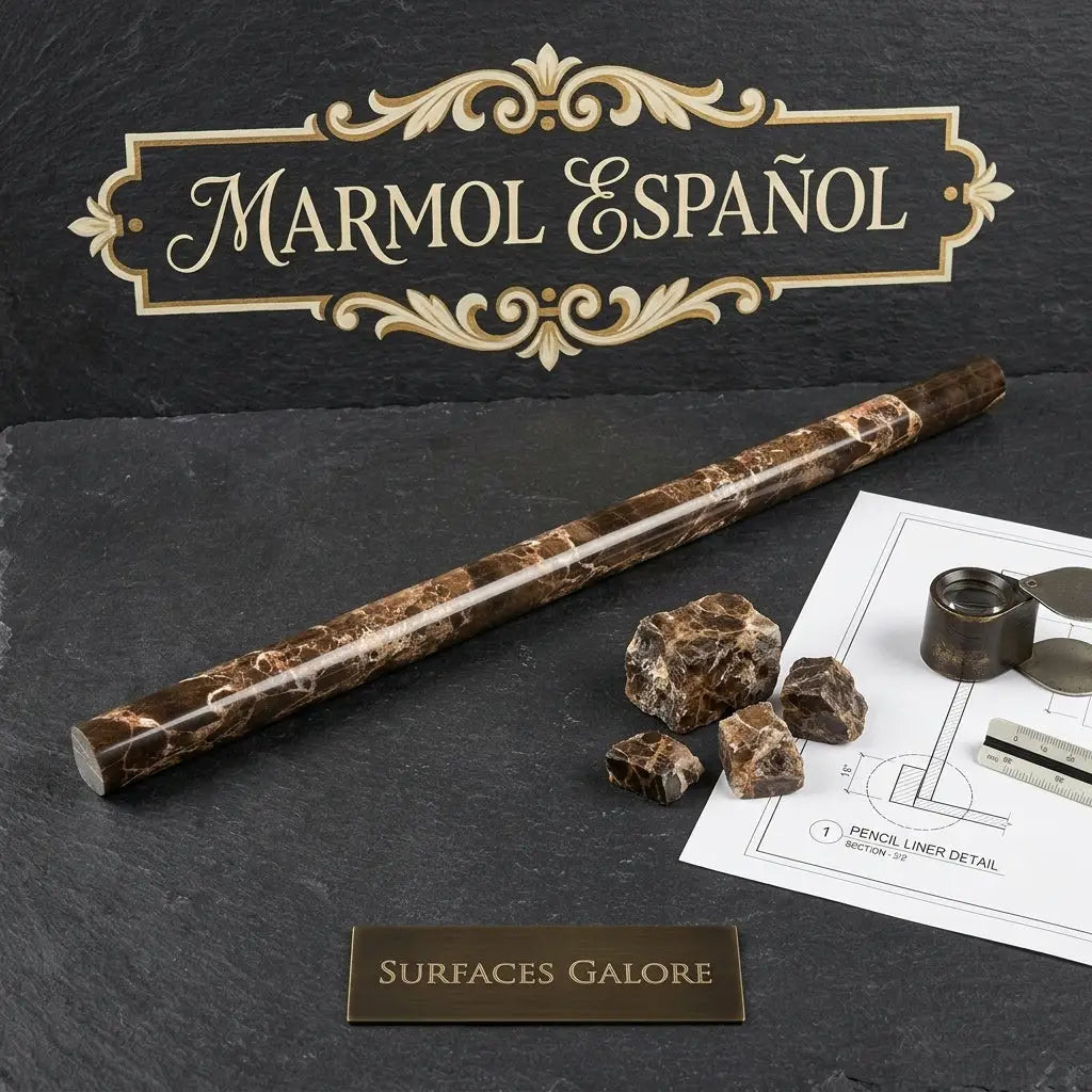 A polished emperador dark marble pencil liner with swirling golden veining shown with raw stones and design schematics