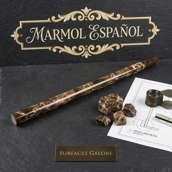 A polished emperador dark marble pencil liner with swirling golden veining shown with raw stones and design schematics