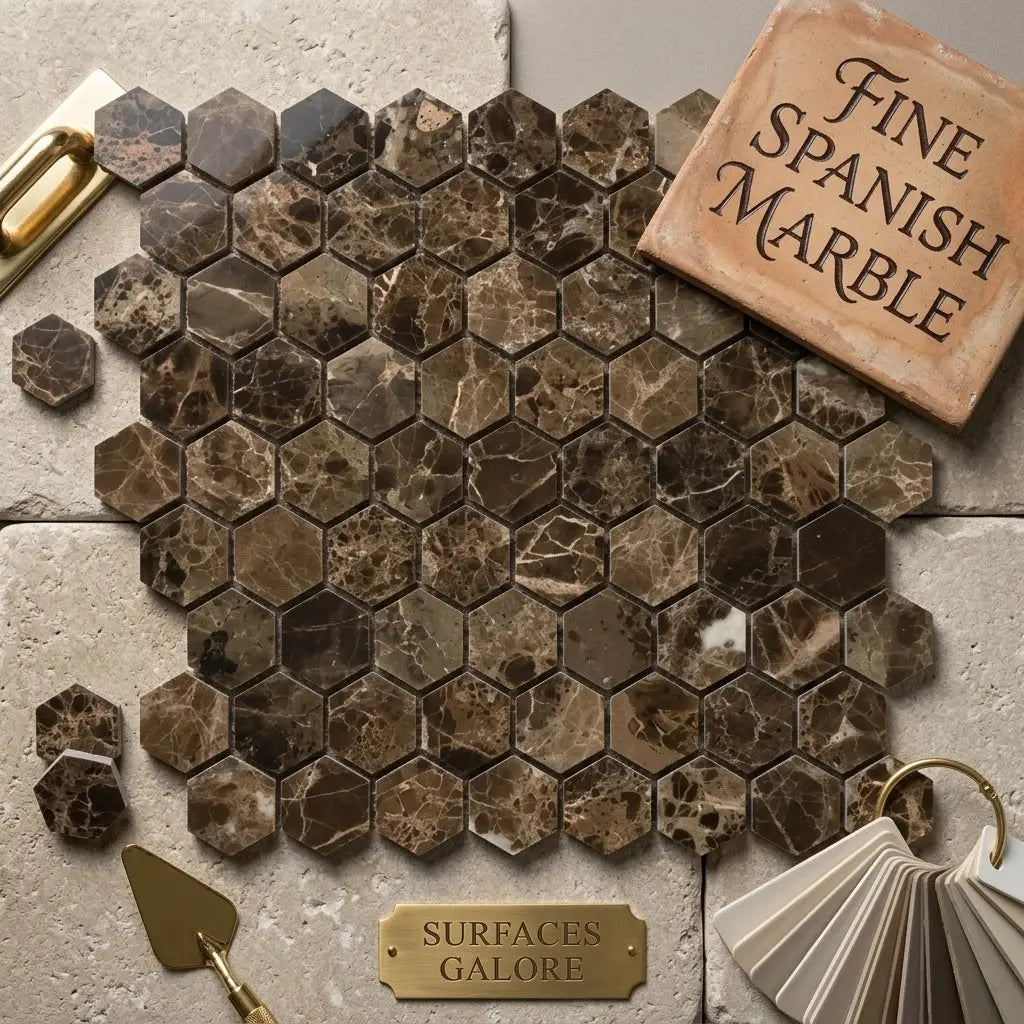 Emperador dark marble 1 inch hexagon mosaic polished tiles in brown with natural veining arranged in a mosaic pattern