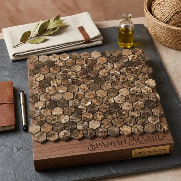 Hexagonal emperador dark spanish marble tiles in 1 inch mosaic pattern arranged on wooden base