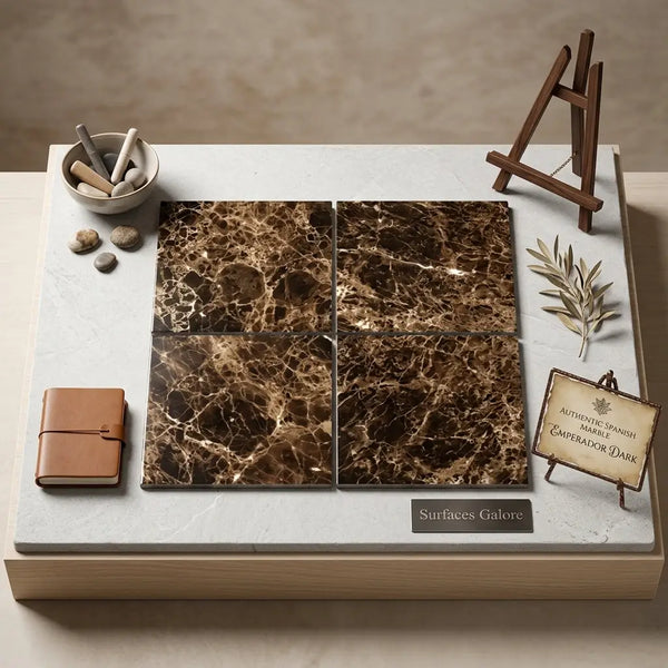 Emperador dark marble 12x12 polished tiles in rich dark brown with golden veining arranged as four square panels