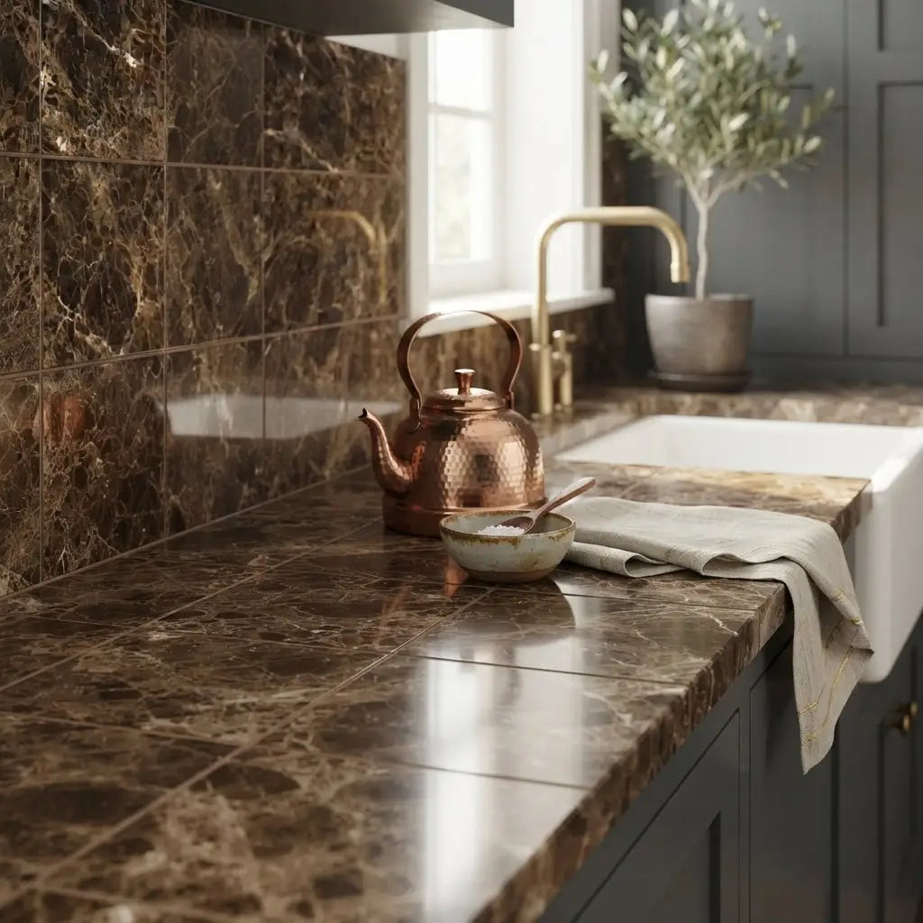 Copper teapot with hammered finish and curved handle displayed on emperador dark marble 12x12 polished surface