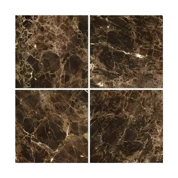 Four Emperador Dark Marble 12X12 Polished tiles showcasing rich brown veining