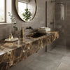 Emperador dark marble 12x24 polished brown and gold veined countertop with an integrated sink
