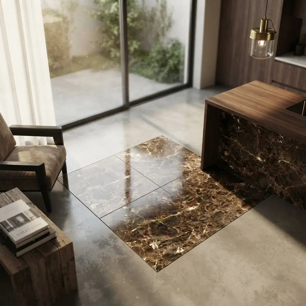 Brown and gold emperador dark marble 18x18 polished floor tile with a glossy finish and natural veining