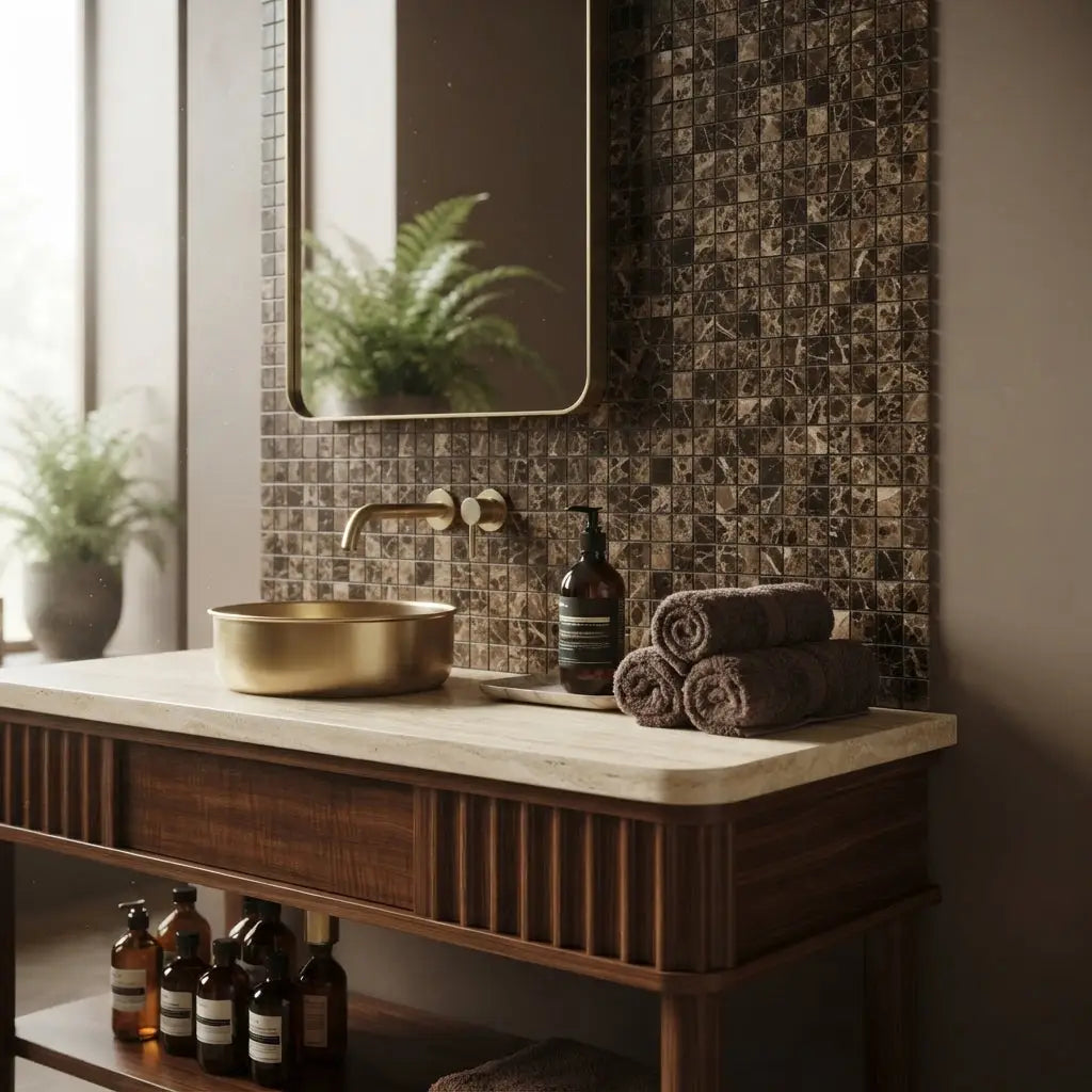 Gold bowl sink with matte finish and rounded edges set into emperador dark marble 1x1 mosaic polished countertop
