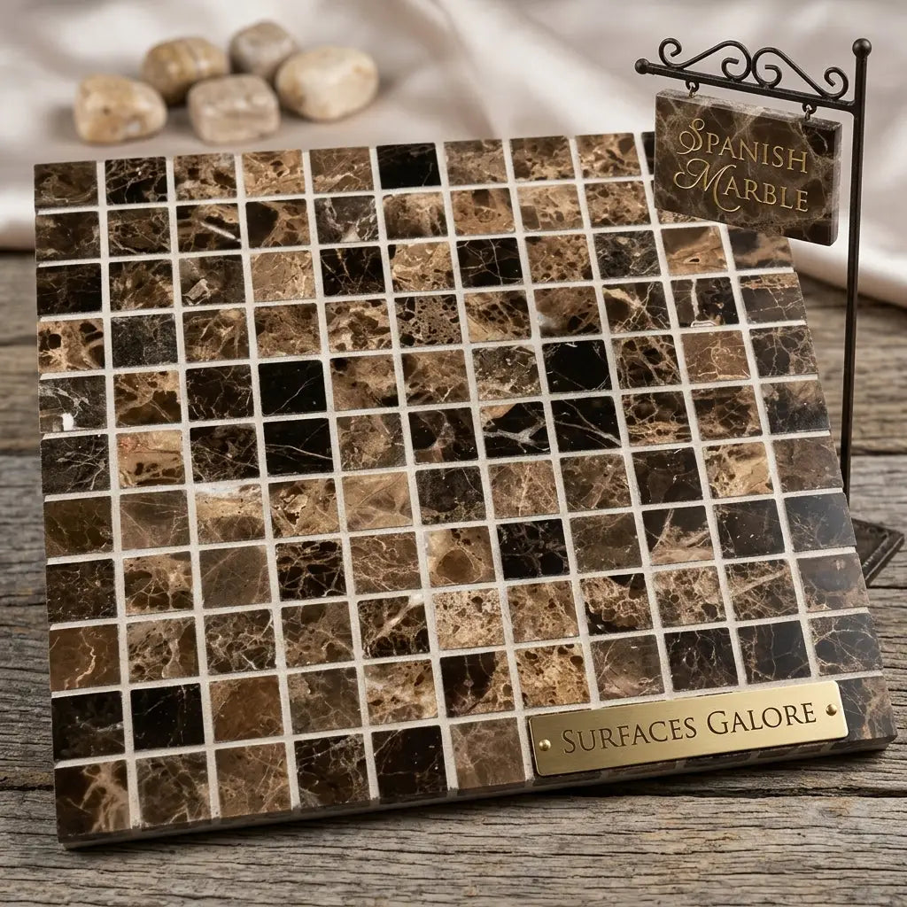 Emperador Dark Marble 1x1 mosaic polished tile panel featuring rich brown and black veined Spanish marble on wood surface