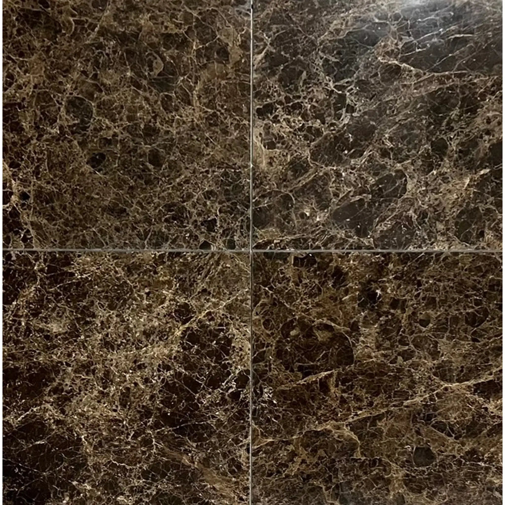 Four dark brown Emperador Dark Marble 1X1 Mosaic Tumbled tiles arranged elegantly