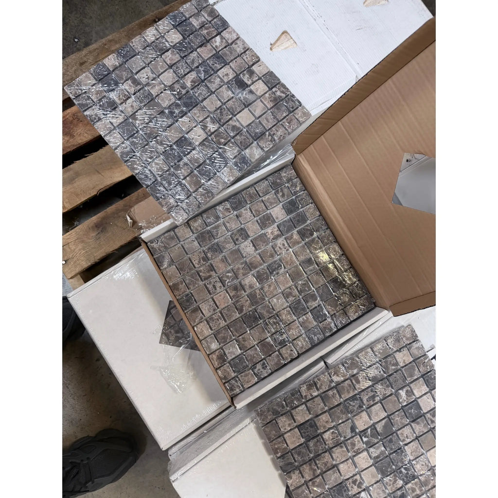 Emperador Dark Marble 1x1 tumbled mosaic tiles in gray silver pattern, plastic-wrapped