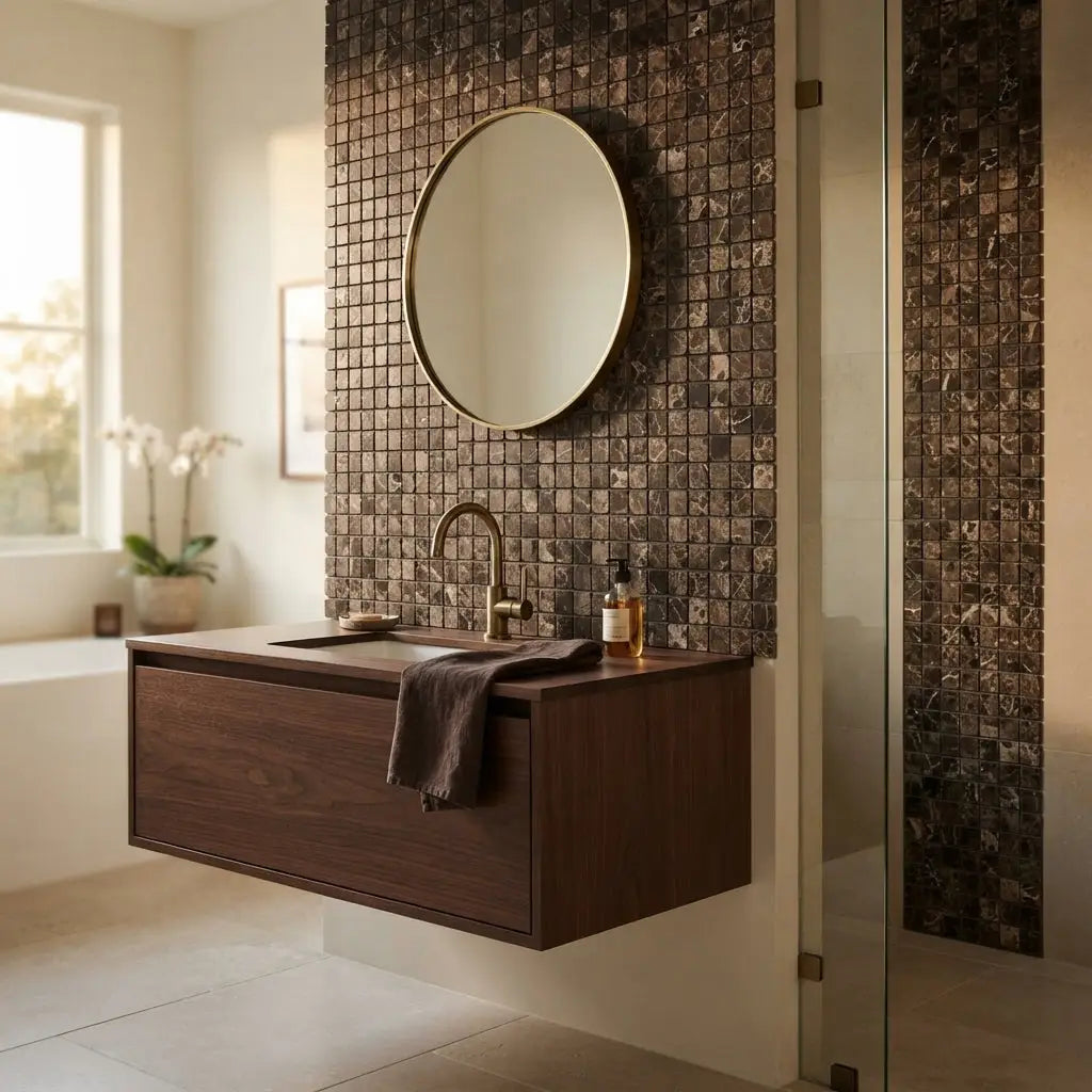 Round mirror with gold-toned frame above dark wood floating vanity complements emperador dark marble 1x1 mosaic tumbled tile