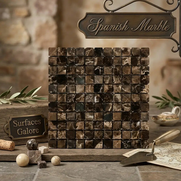 Emperador dark marble 1x1 mosaic tumbled tile panel with rich brown and black veined Spanish marble squares