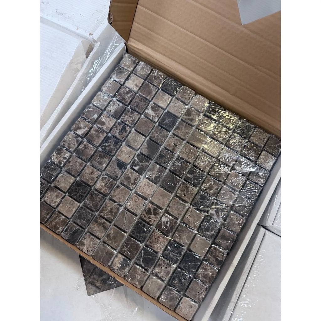 Emperador Dark Marble 1x1 Tumbled Mosaic Tiles in Silver Gray Pattern Box