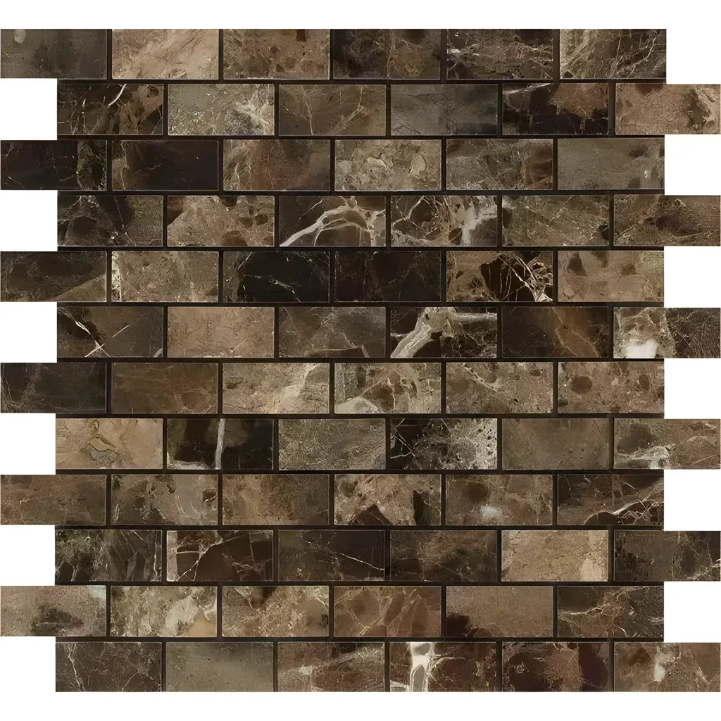 Brown marble brick mosaic tile in Emperador Dark Marble 1X2 Brick Mosaic Polished