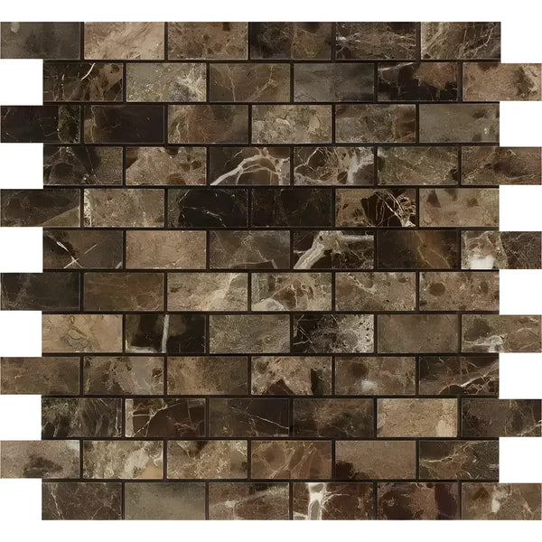 Brown marble brick mosaic tile in Emperador Dark Marble 1X2 Brick Mosaic Polished