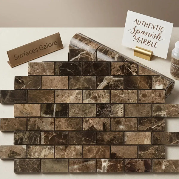 Emperador dark marble 1x2 brick mosaic polished tiles in brown and beige spanish marble with natural veining pattern