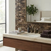 Modern bathroom vanity with emperador dark marble 1x2 brick mosaic polished backsplash and dark wood cabinetry