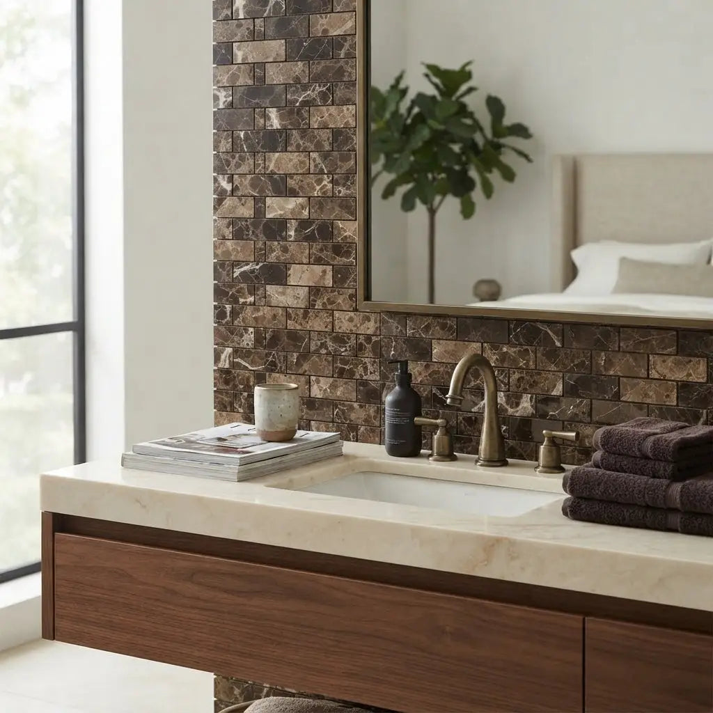 Modern bathroom vanity with emperador dark marble 1x2 brick mosaic polished backsplash and dark wood cabinetry