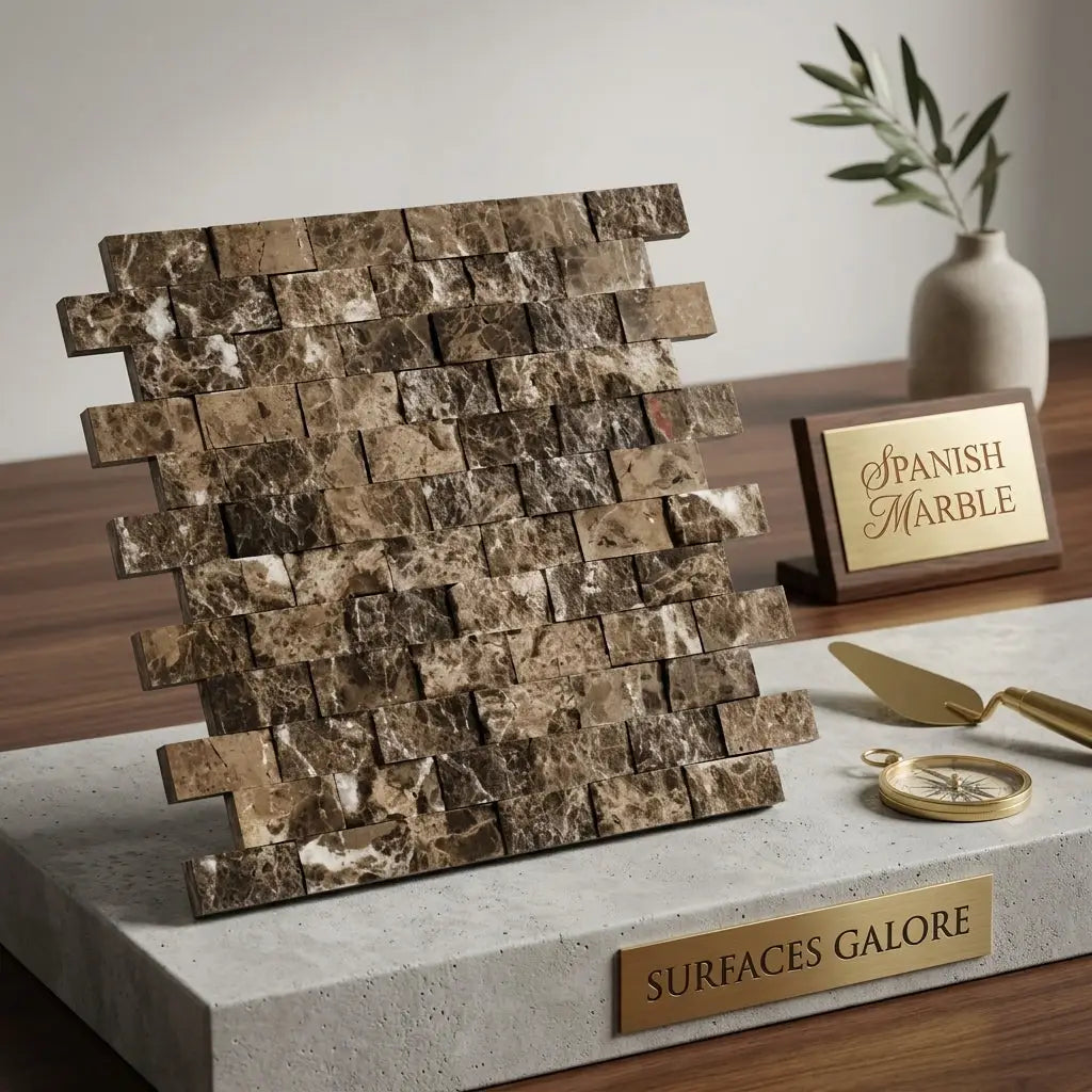 A stacked arrangement of Emperador dark marble 1x2 brick mosaic split-faced tiles in brown and beige with natural veining displayed on a concrete pedestal